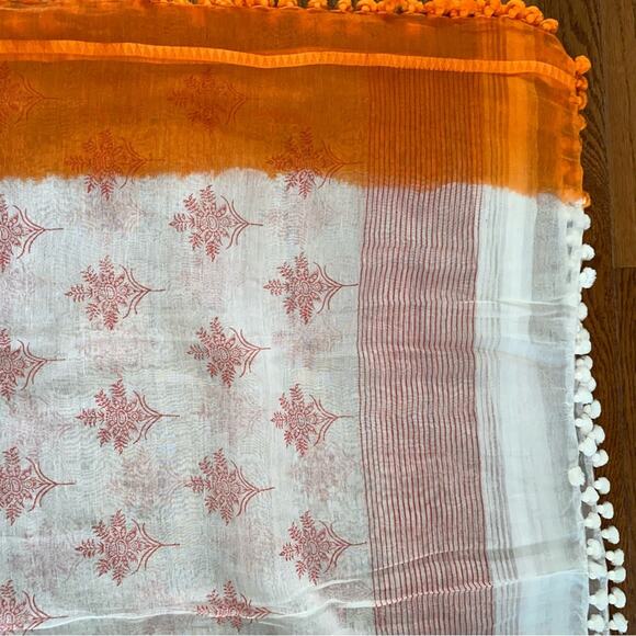 New Roller Rabbit for Gorsuch $200 Orange Silk Cotton Block Print Scarf Wrap NWT - Picture 13 of 15
